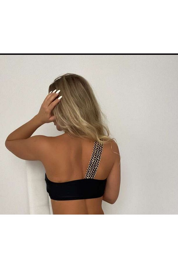 Kadın Siyah Tek Omuz Kurdele Nakış Lastik Detaylı Yüksek Bel Astarlı Şık Büyük Beden Bikini Üstü - 4