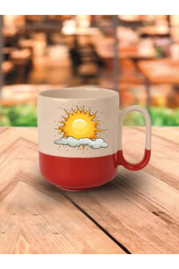 كوب ذو قاعدة حمراء بتصميم الشمس والسحابة - كوب هدية من السيراميك للشاي والقهوة