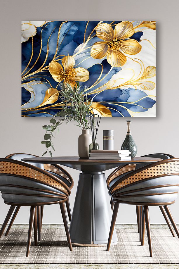 Mavi Gold Çiçekler Kanvas Tablo - Duvar Tablosu - Canvas Tablo Duvar Dekorasyonu - 3