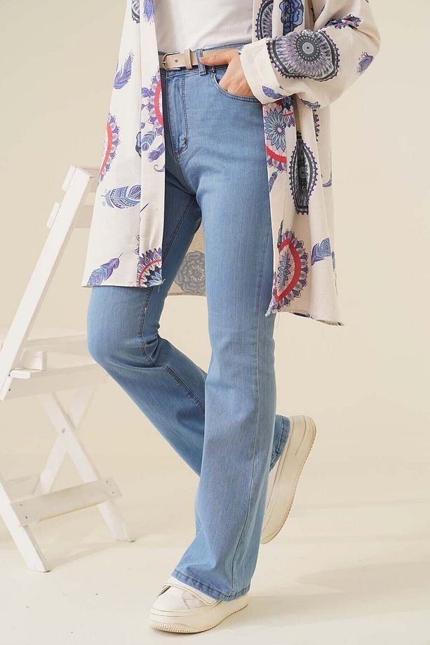 Açık Mavi Likralı Yüksek Bel Wide Leg İspanyol Jean Pantolon - 3