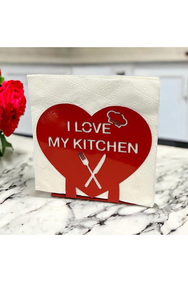 I Love My Kitchen" Themed Metal Napkin Holder Red Heart Shaped