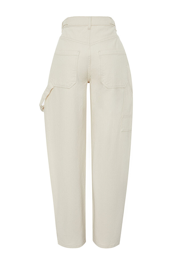 Ekru Bol Kesim Yüksek Bel Carpenter Loose Baggy %100 Pamuk Non-Stretch Jeans TWOAW24JE00308 - 17