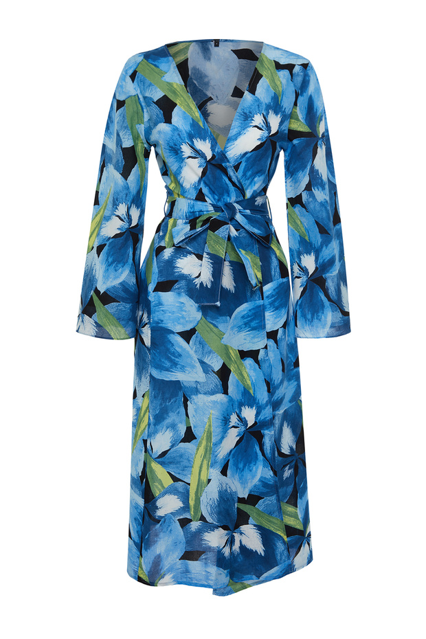 Plaj Giyim %100 Pamuk Çiçek Desenli Dokuma Kuşaklı Maxi Kimono&Kaftan TBESS24KM00014 - 7