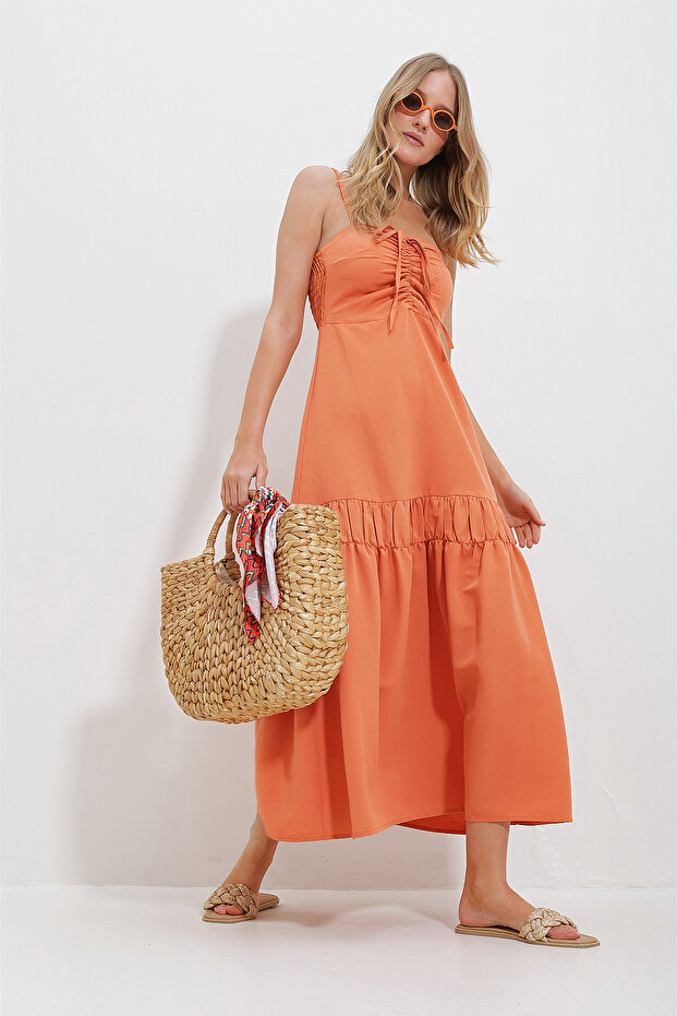 Women's Melon Inner Adjustable Strap Gabardine Linen Dress with Pleated Front and Back Zipper ALC-X11650