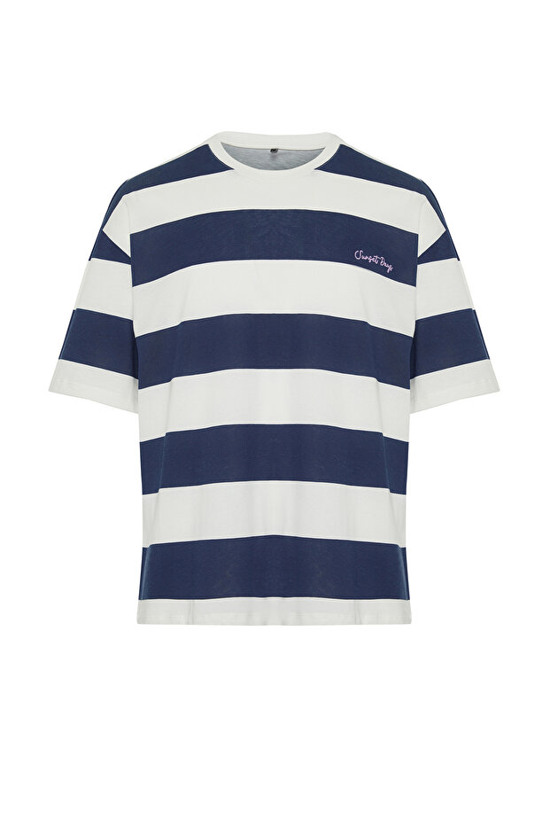 Lacivert Oversize Yazı Nakışlı Çizgili %100 Pamuklu Tok Kumaş T-shirt TMNSS24TS00099 - 7