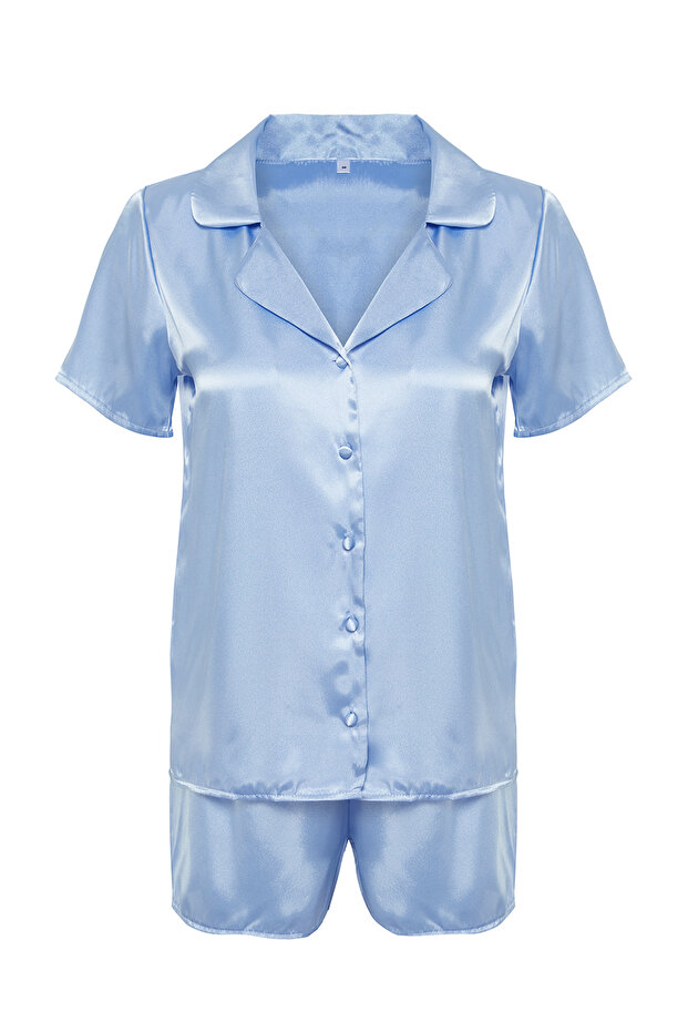 Mavi Saten Şortlu Dokuma Pijama Takımı THMSS24PT00118 - 8