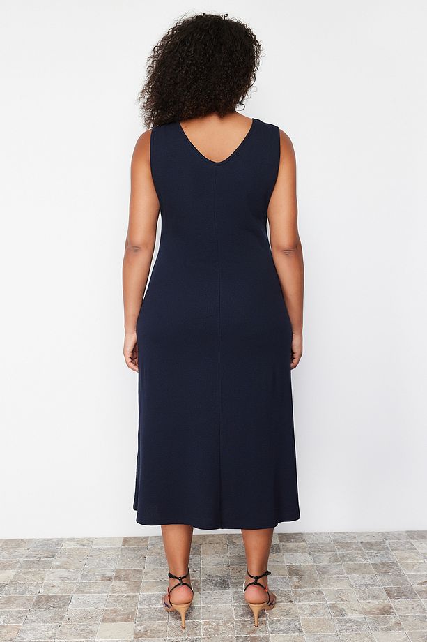 Lacivert Fitilli A-line Midi Örme Elbise TBBSS24AH00130 - 5