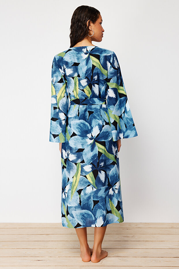 Plaj Giyim %100 Pamuk Çiçek Desenli Dokuma Kuşaklı Maxi Kimono&Kaftan TBESS24KM00014 - 6