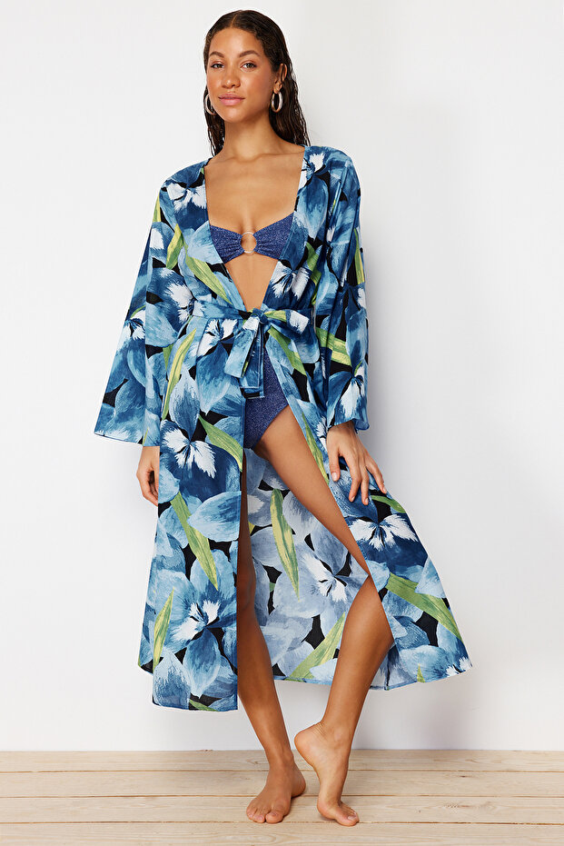 Plaj Giyim %100 Pamuk Çiçek Desenli Dokuma Kuşaklı Maxi Kimono&Kaftan TBESS24KM00014 - 3