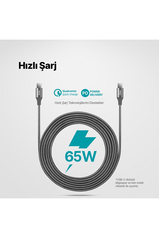 AlumiCable USB-C - USB-C 300cm 65W PD/QC Hızlı Şarj/Data Kablosu Uzay Grisi - 2