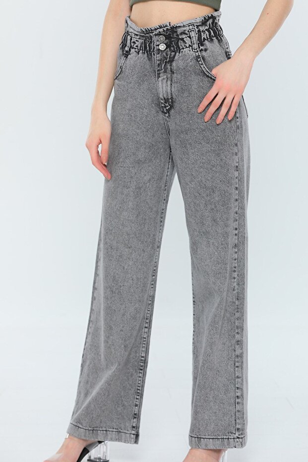 Anthracite Smoked Women's Jeans - Front Buttoned, Elastic Waist Flare, Wide Leg