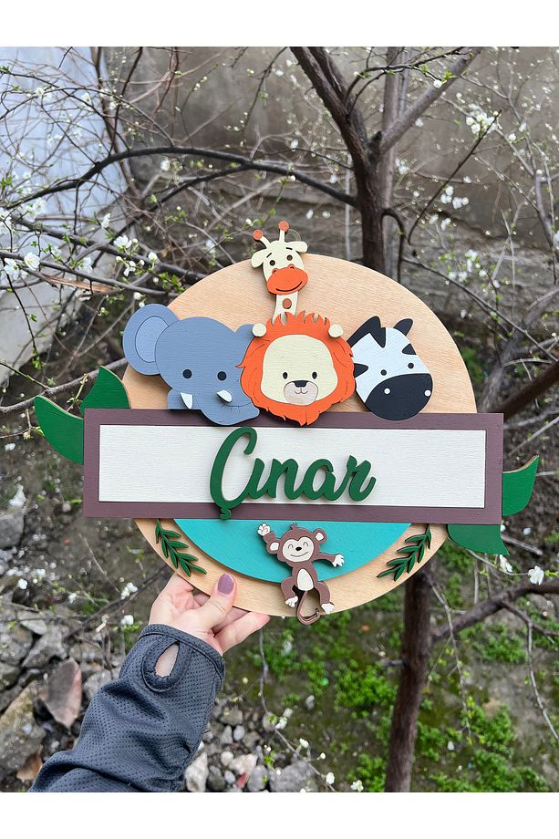 Özel Tasarım Daire Safari Hayvanlı Aslan Zürafa Bebek Ahşap Hastane Kapı Süsü - 1