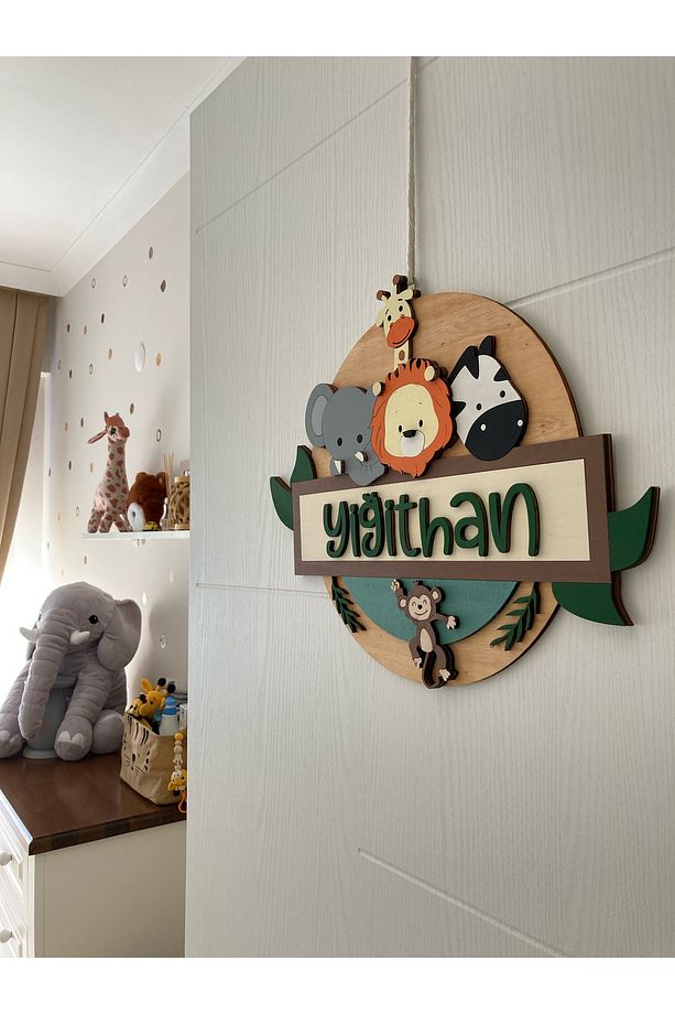 Özel Tasarım Daire Safari Hayvanlı Aslan Zürafa Bebek Ahşap Hastane Kapı Süsü - 3