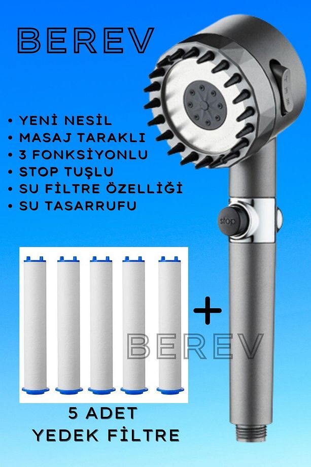 Masajlı 3 Fonksiyonlu Su Tasarruflu Filtreli Turbo Jet Duş Başlığı Siyah 5 Adet Filtre - 1