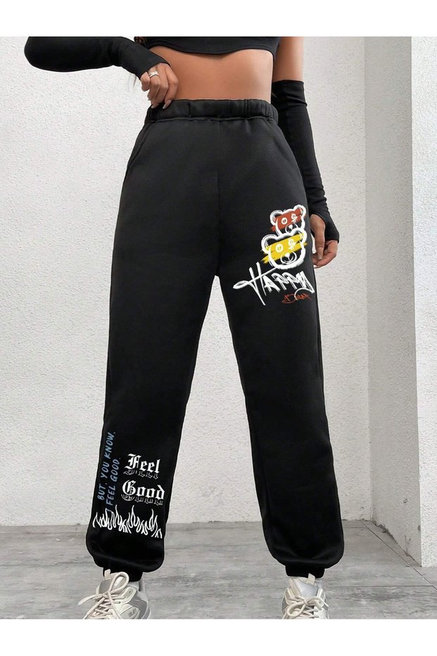 High Waist Elastic Leg Happy Bear Jogger Sweatpants - Black Printed