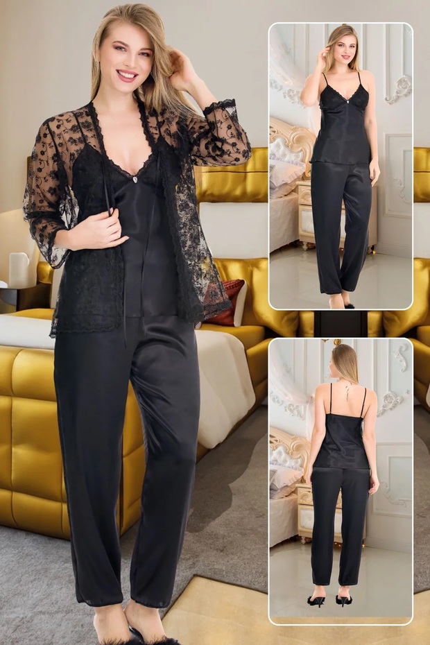 Black Embroidery Satin Pajama Set with Lace Dressing Gown