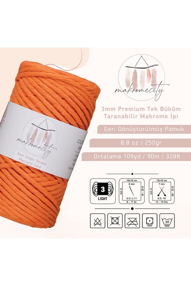 Taranan Makrome Ipi 3mm Taranabilir Pamuk Makrome Ipi Makrame Ipi Turuncu - 3