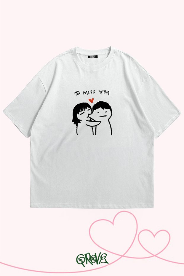 I Miss You Drawing Printed Valentine's Day Couple Oversize T-Shirt