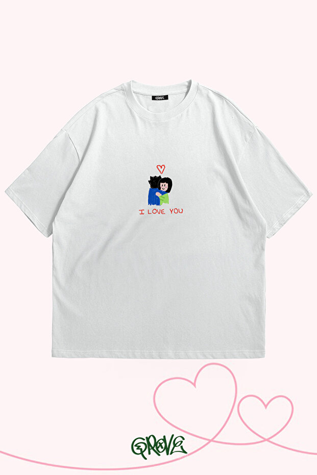 Hugging Drawing Printed Valentine's Day Couple Oversize T-Shirt