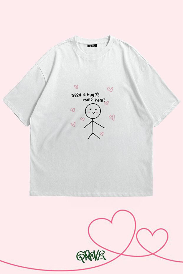 Hug Need Printed Valentine's Day Couple Oversize T-Shirt