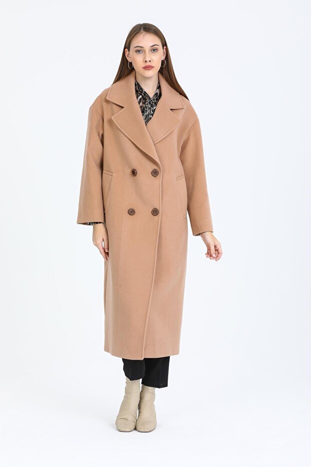 Kadın Camel Düğmeli Oversize Düğmeli Kaban - 3