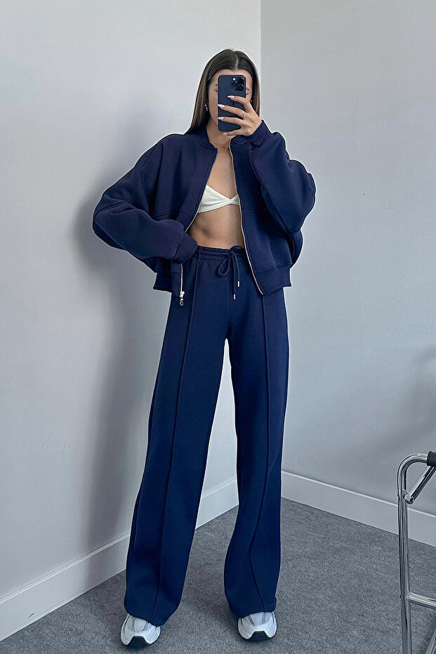 Women's Navy Blue Three Thread Raised Flare Leg Tracksuit Set