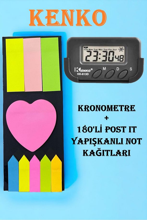 Kronometreli Öğrenci Ders Çalışma Saati + Post-it Yapışkanlı Not Kağıdı 9 renk 180'li Kalp Model - 1