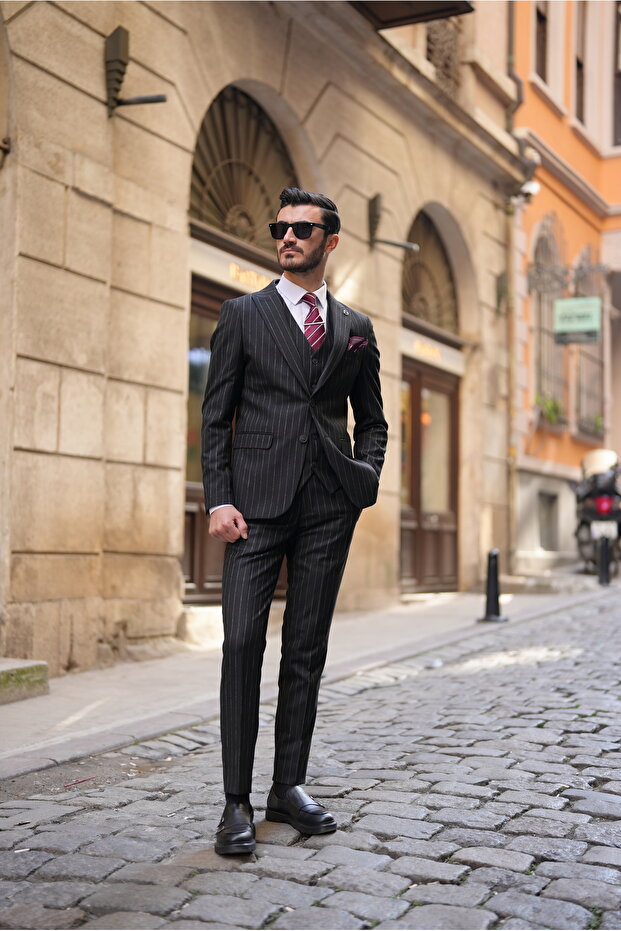 Men's Striped Suit Italian Style Slim Fit Jacket Vest Pants