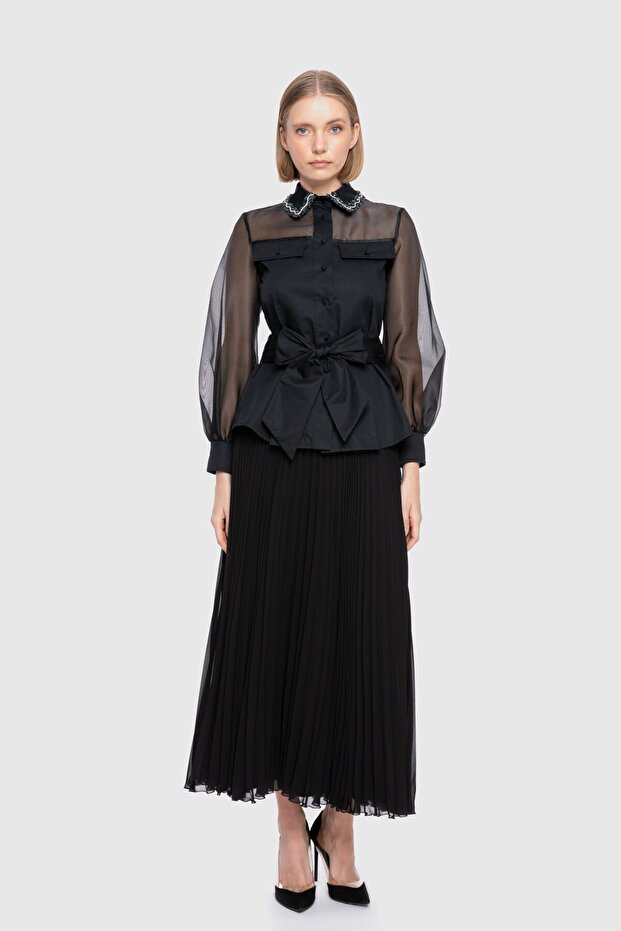 Organza Garnished Embroidered Detailed Black Shirt