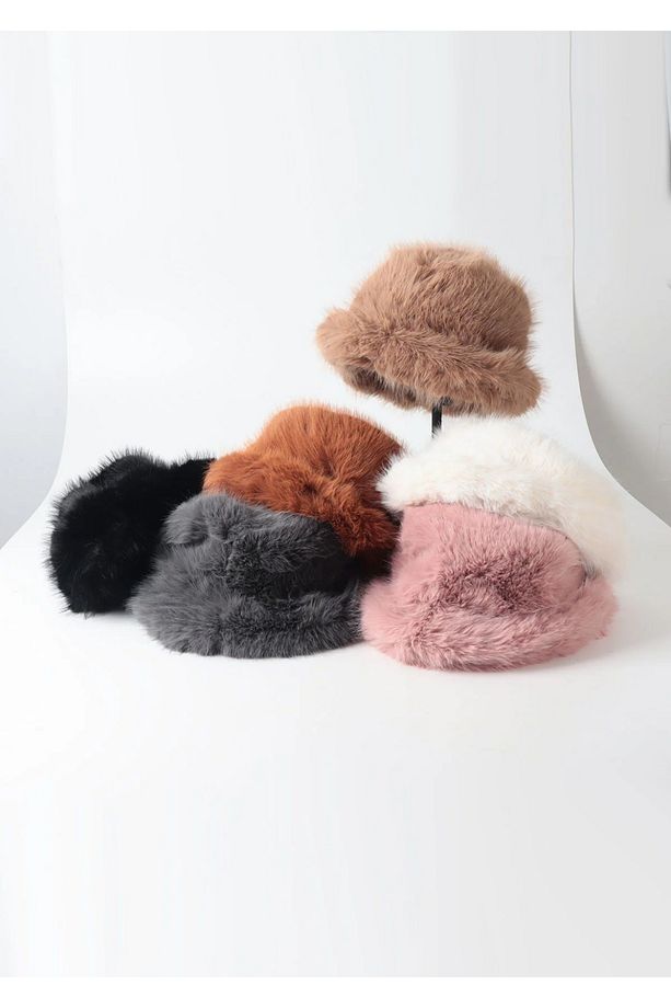 Siyah Yuvarlak Şapka Peluş Bucket Şapka - 5