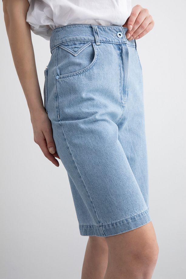Cep Detaylı Yüksek Bel Kontrast Dikiş Detaylı Fermuarlı Denim Şort - 3