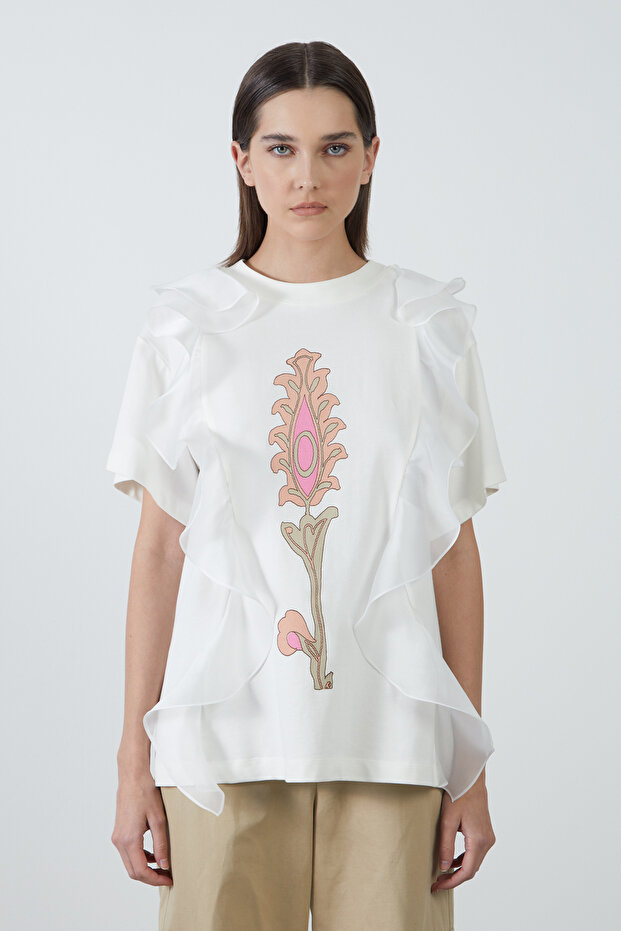 Önü Baskılı Beyaz Basic Tshirt - 1