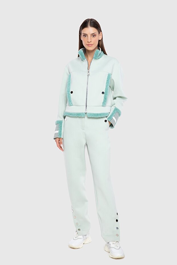 Faux Fur Strip Detailed Zippered Green Top