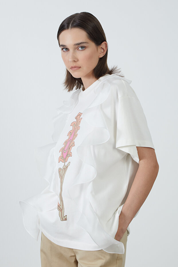 Önü Baskılı Beyaz Basic Tshirt - 3