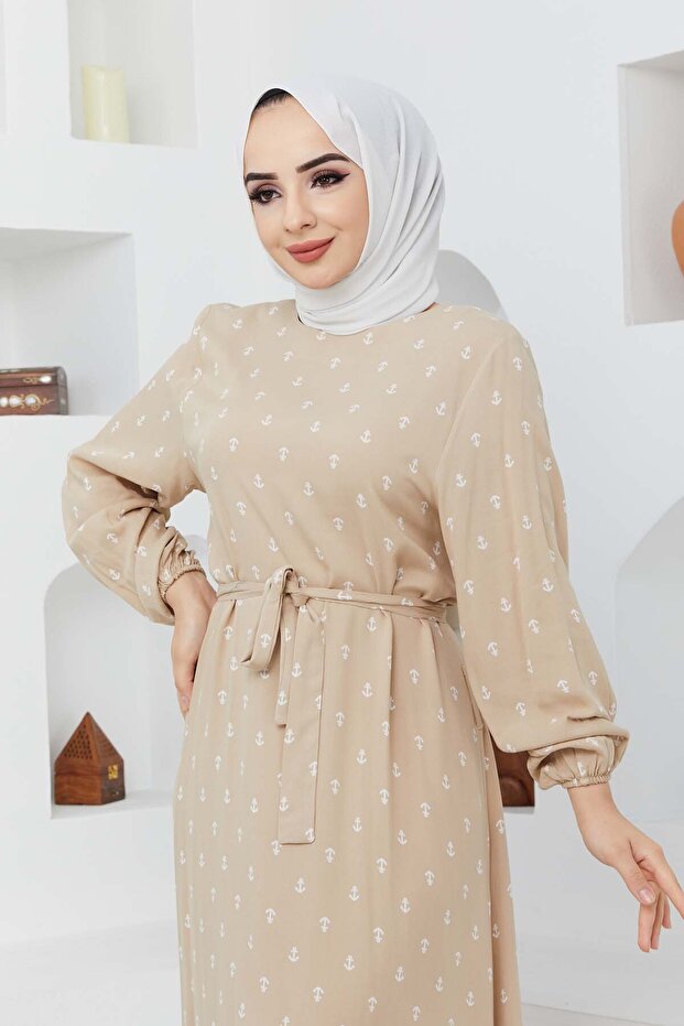 Çapa Viskon Elbise - Bej - 8