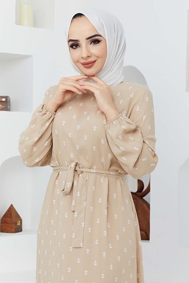 Çapa Viskon Elbise - Bej - 6