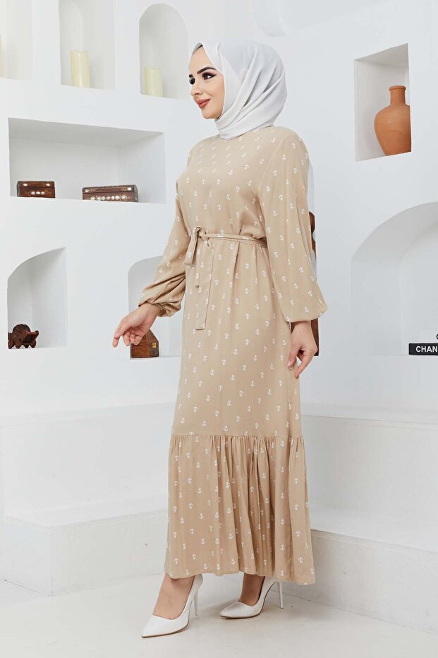 Çapa Viskon Elbise - Bej - 7