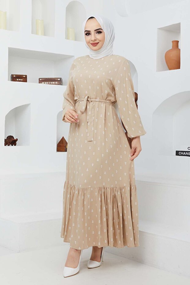 Çapa Viskon Elbise - Bej - 1
