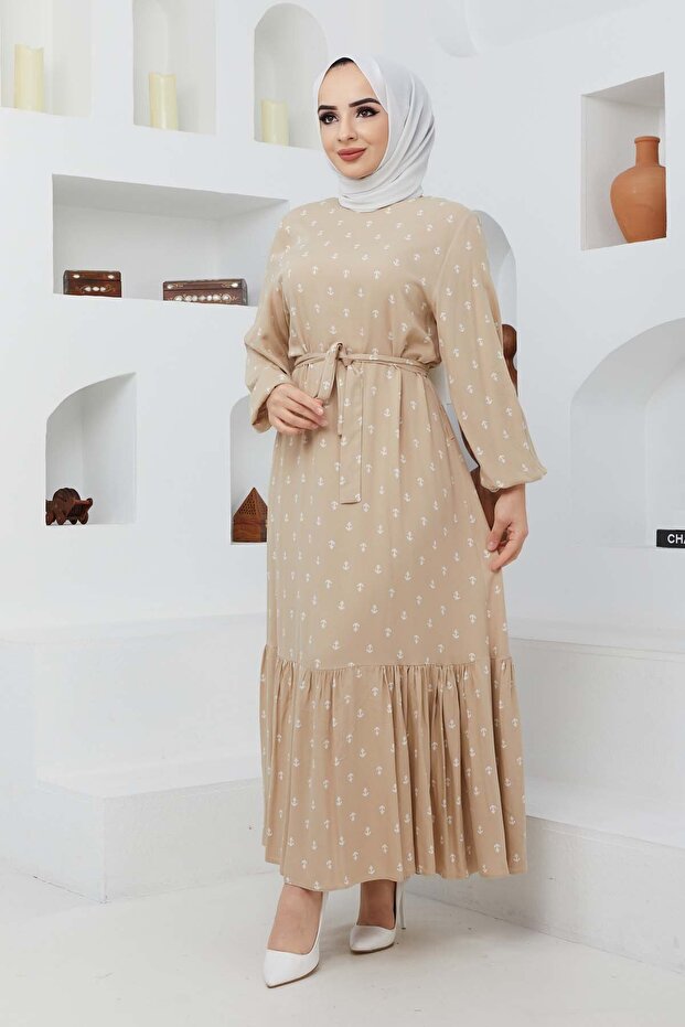 Çapa Viskon Elbise - Bej - 2
