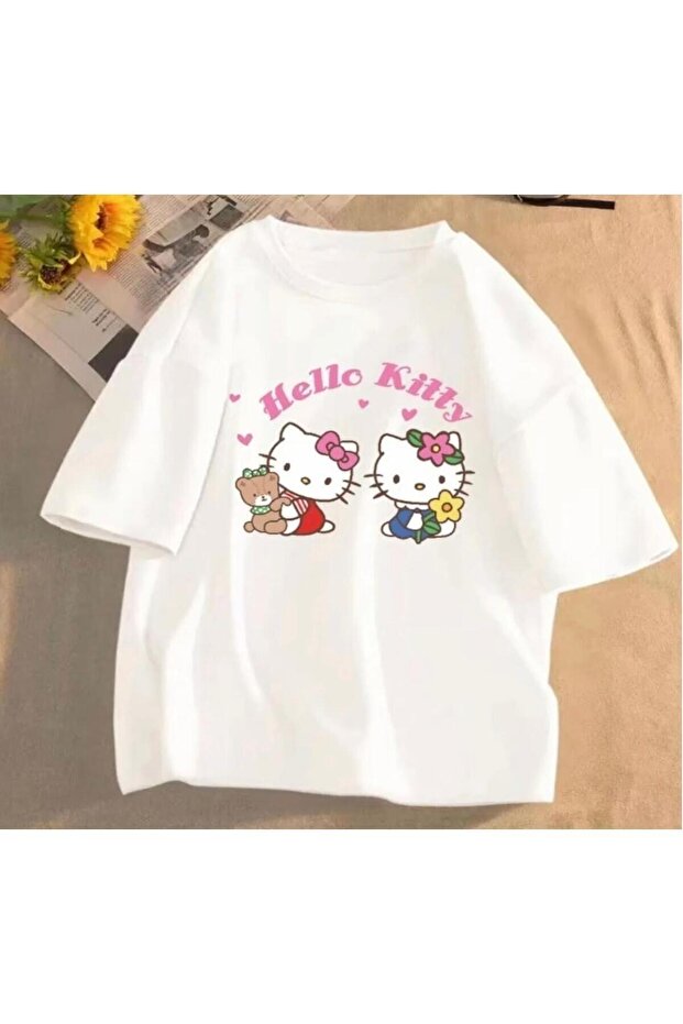 تي شيرت أبيض مطبوع عليه Hello Kitty للفتيات/الصبيان من القطن الممشط