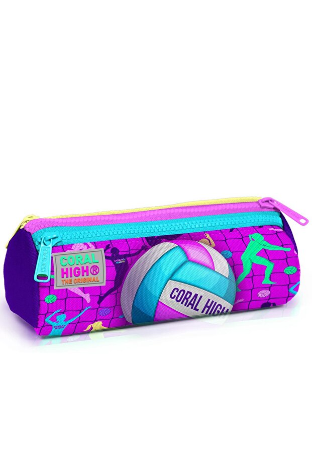 Kids Pink Purple Volleyball Patterned Three-Compartment Pencil Case 22061