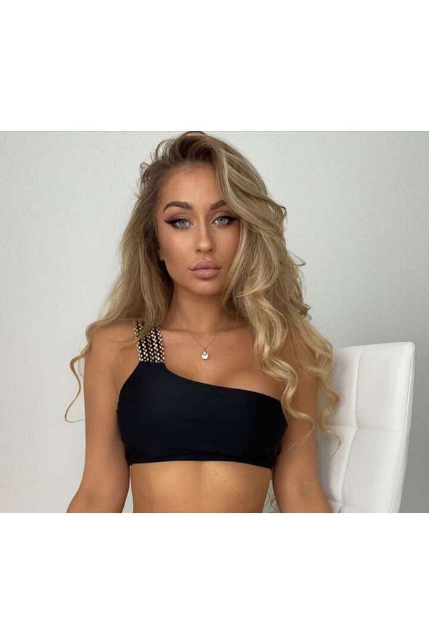 Kadın Siyah Tek Omuz Kurdele Nakış Lastik Detaylı Yüksek Bel Astarlı Şık Büyük Beden Bikini Üstü - 3