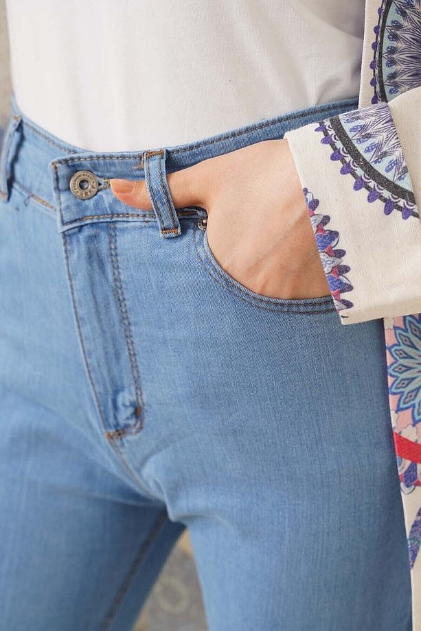 Açık Mavi Likralı Yüksek Bel Wide Leg İspanyol Jean Pantolon - 5