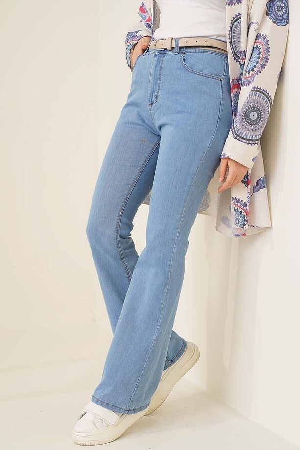 Açık Mavi Likralı Yüksek Bel Wide Leg İspanyol Jean Pantolon - 1