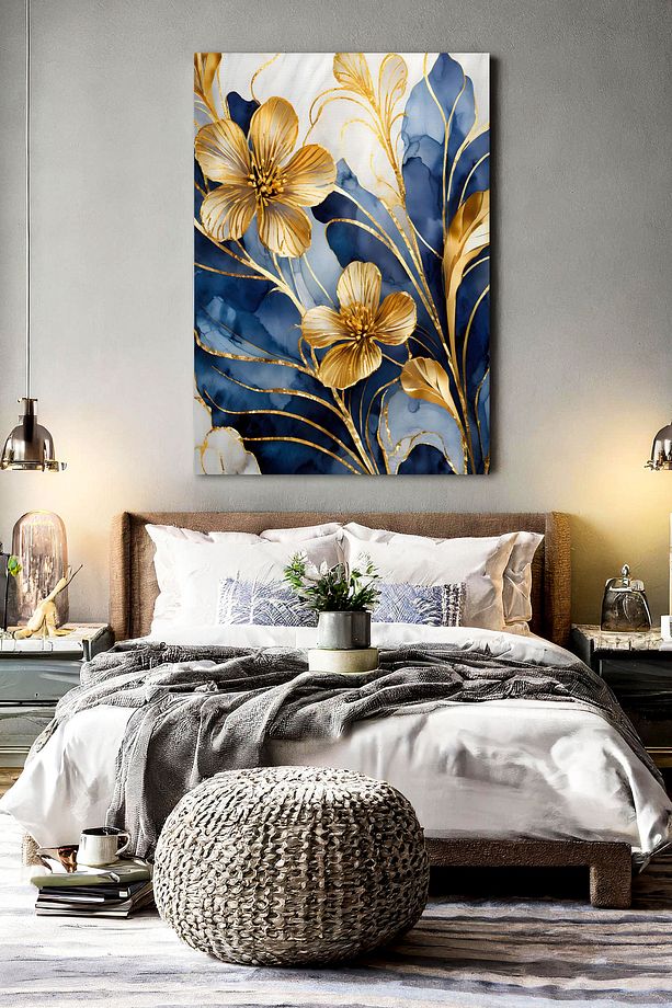 Mavi Gold Çiçekler Kanvas Tablo - Duvar Tablosu - Canvas Tablo Duvar Dekorasyonu - 2