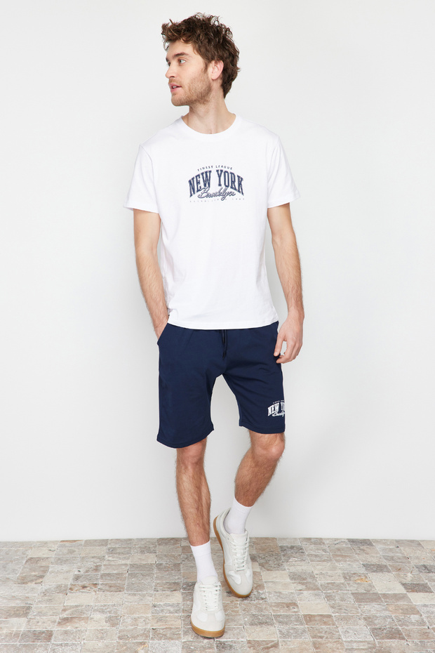Lacivert-Beyaz Baskılı %100 Pamuk Regular Fit Örme Şortlu Pijama Takımı TMNSS24PT00012 - 1