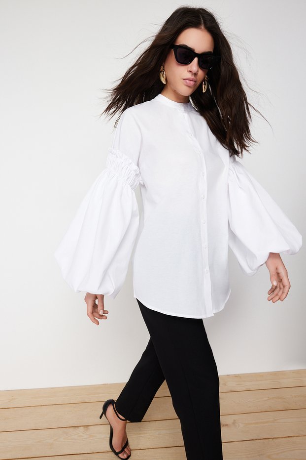 White Balloon Sleeve Cotton Woven Shirt TCTSS24TG00048