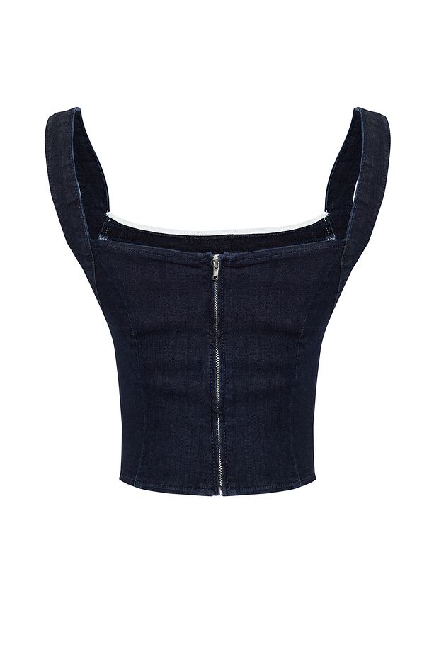 Koyu Mavi Dantel Yaka Detaylı Askılı Denim Crop Büstiyer TWOSS24BS00010 - 8
