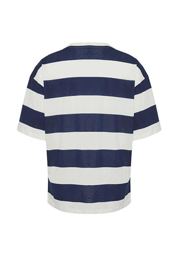Lacivert Oversize Yazı Nakışlı Çizgili %100 Pamuklu Tok Kumaş T-shirt TMNSS24TS00099 - 8