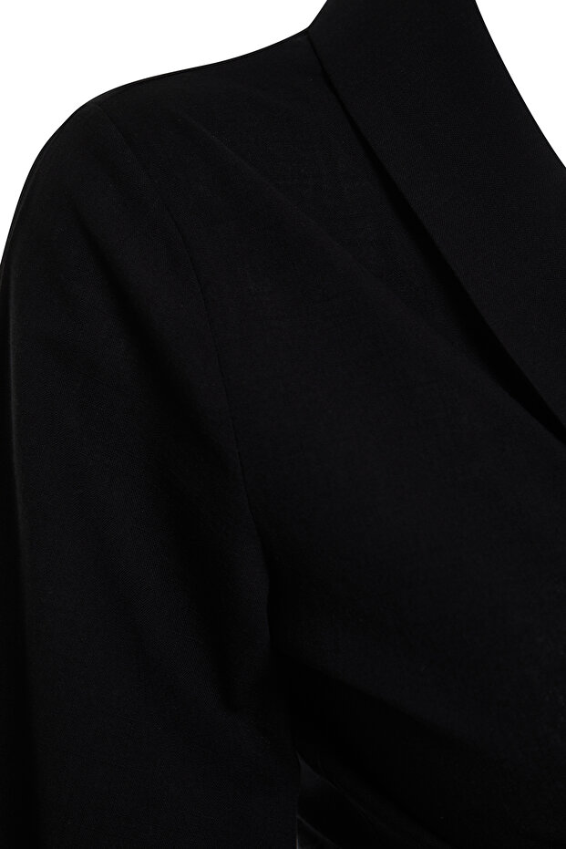 Siyah Dokuma Bağlamalı Plaj Crop Bluz TBESS24BZ00006 - 14